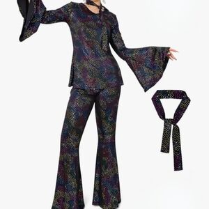 Groovy 70s Disco Costume for Women L - Shimmering Bell Bottoms & Top w/ Neck Tie